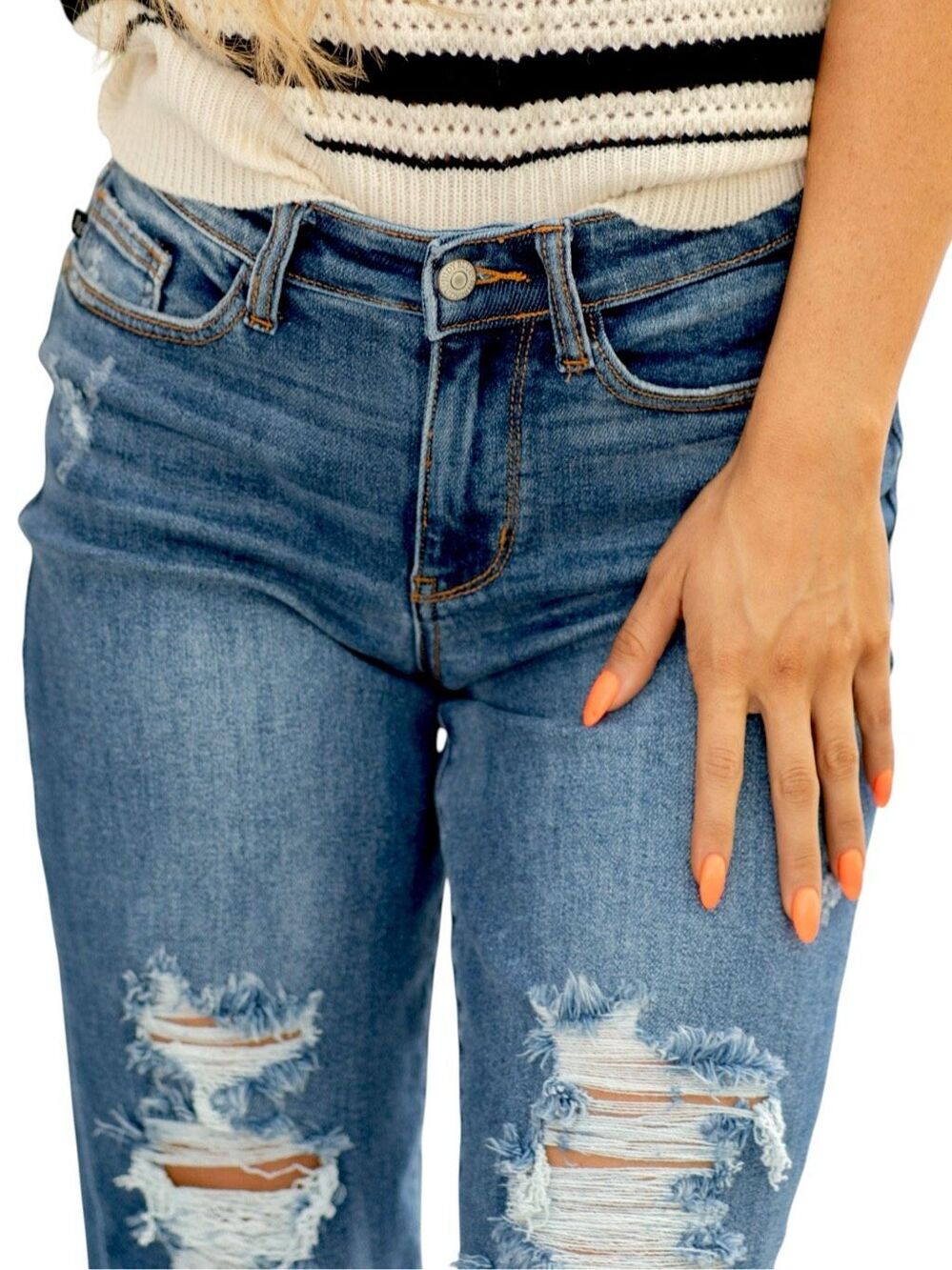 Judy Blue Dad Jeans Dark Wash Distressed Raw Hem Mid Rise Relaxed Straight NWT - Picture 8 of 15